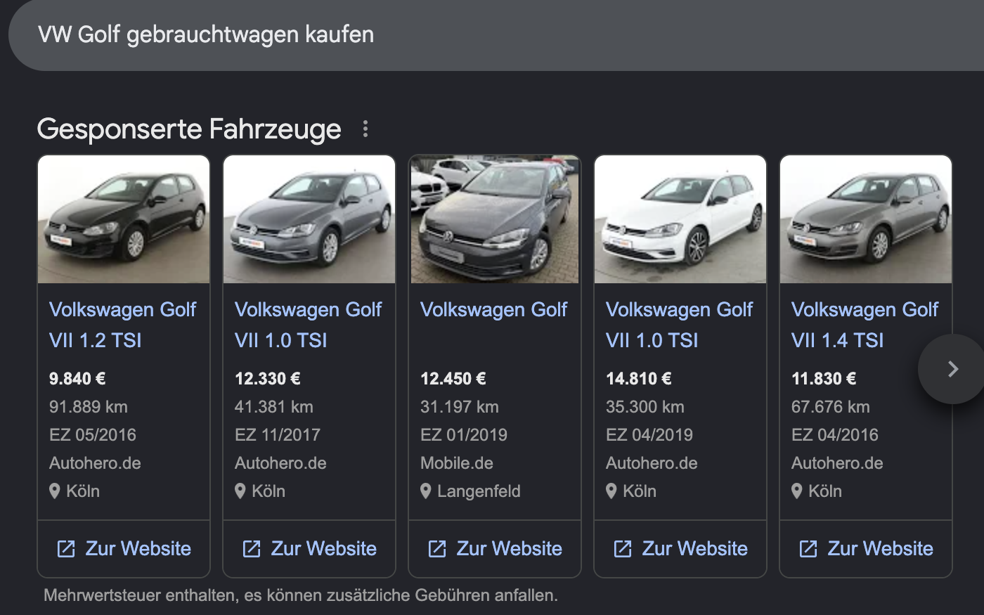 Echte Fahrzeuganzeigen in der Google-Suche
